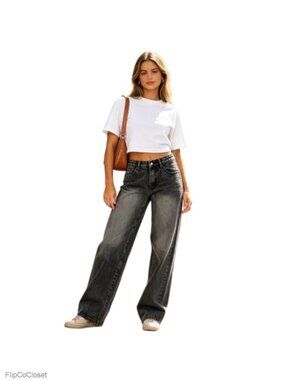 Women's Baggy Straight Leg Jeans Mid Rise 5-Pocket Denim Pants